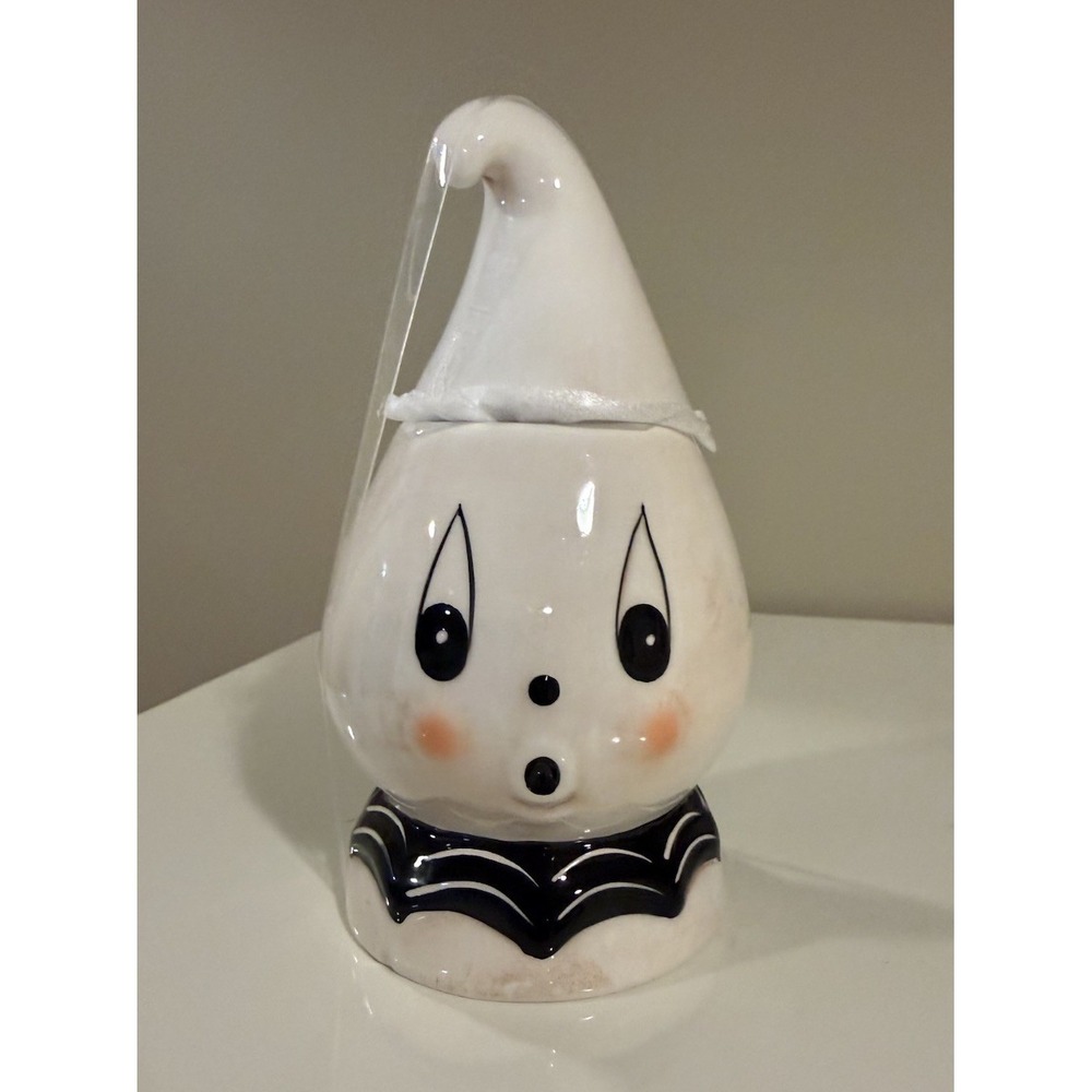 New 2026 Johanna Parker Halloween Ghost ceramic  Candy Jar white with black 7"